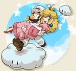  1girl alternate_costume bad_id bad_pixiv_id blonde_hair blue_eyes brown_hair carrying cloud crown dress earrings elbow_gloves facial_hair gloves hat jewelry long_hair mario mario_(series) mustache naco24 overalls pink_dress princess_carry princess_peach smile star super_mario_bros. 