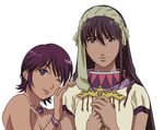  ;p brown_eyes dark_skin highres long_hair macross macross_zero mao_nome multiple_girls official_art one_eye_closed production_art purple_eyes purple_hair sara_nome short_hair simple_background tongue tongue_out 