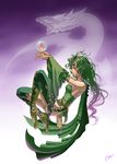  ass boots breasts cape detached_sleeves dragon final_fantasy final_fantasy_iv fire goh green_hair green_legwear green_leotard high_heels large_breasts leg_up legs leotard long_hair long_legs magic mist_dragon older rydia shoes sideboob thigh_boots thighhighs thighs yellow_footwear 