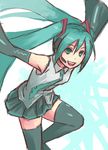  aqua_eyes aqua_hair bare_shoulders detached_sleeves green_legwear hatsune_miku headset jumping long_hair necktie open_mouth outstretched_arms skirt smile solo spread_arms thighhighs twintails vocaloid yuuji_(and) zettai_ryouiki 