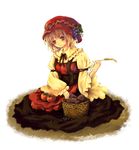  aki_minoriko basket dress enzoematis_(lilac) food fruit grapes hat holding persimmon short_hair sitting solo suspenders touhou wide_sleeves 