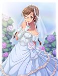  braid bridal_veil bride brown_eyes brown_hair copyright_request dress e20 elbow_gloves finger_to_mouth flower glasses gloves one_eye_closed solo twin_braids veil wedding_dress 