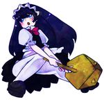  :o black_hair blue_eyes blush bow bowtie cross_treasures full_body hachi_usagi hammer headdress long_hair looking_up maid maid_headdress mary_janes open_mouth pantyhose shoes simple_background sitting solo white_legwear 