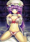  blush bow bow_bra bow_panties bra breasts crescent frilled_panties frills frown hair_bow hat heart heart_panties heart_print kneeling lace large_breasts lingerie long_hair midriff mocchi navel panties patchouli_knowledge print_bra print_panties purple_eyes purple_hair shiny shiny_skin shirt_lift sitting socks solo thighs touhou underwear 