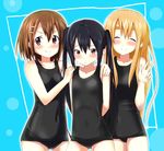  &gt;:) arms_behind_back bad_id bad_pixiv_id black_hair blonde_hair blush brown_eyes brown_hair closed_eyes covered_navel hands_on_shoulders highres hirasawa_yui k-on! kotobuki_tsumugi long_hair masamuuu multiple_girls nakano_azusa navel one-piece_swimsuit ribs school_swimsuit short_hair smile swimsuit twintails v v-shaped_eyebrows 