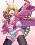 ahoge antennae blonde_hair blue_eyes butterfly_wings insect_girl iwaya male_focus monster_boy open_mouth otoko_no_ko shimon shimotsuma short_hair smile solo thighhighs wings 