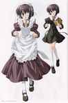  absurdres alternate_costume apron apron_lift blush book dress ef enmaided eyepatch hair_ornament hairclip highres kneehighs maid maid_headdress mary_janes nanao_naru pencil purple_hair ribbon school_uniform shindou_chihiro shoes socks yellow_eyes 