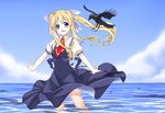  air bird blonde_hair blue_eyes crow hair_ribbon haruichi kamio_misuzu long_hair ponytail ribbon school_uniform solo sora_(air) wading 