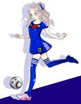  2010 2010_fifa_world_cup adidas ball blue_legwear bow cleats ebba grey_hair hair_bow jabulani japan legs long_hair original pink_eyes playing_sports soccer soccer_ball solo sport thighhighs world_cup zettai_ryouiki 