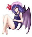  barefoot bat_wings blue_hair hagane_soushi hat one-piece_swimsuit red_eyes remilia_scarlet school_swimsuit short_hair solo swimsuit touhou wings 