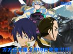  2boys antispiral_nia blue_hair brown_hair dark_persona frown kamina lowres multicolored_hair multiple_boys nia_teppelin official_art ponytail rossiu simon statue tengen_toppa_gurren_lagann two-tone_hair 