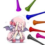  bat_wings bloomers blue_hair blush bow chibi cowering ham_(points) hiding horn_(instrument) parody remilia_scarlet solo squatting third-party_edit touhou underwear vuvuzela wings 