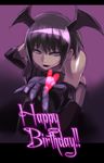  bare_shoulders elbow_gloves gloves happy_birthday head_wings heart iwaya kneeling open_mouth original purple_eyes purple_hair solo 