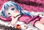  apple bad_id bad_pixiv_id blue_eyes blue_hair blush camisole child dots food fruit hatsune_miku long_hair lying on_stomach petals romeo_to_cinderella_(vocaloid) sleepwear solo tottsuan vocaloid 