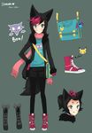  alternate_hairstyle animal_ears bag black_hair clothes_writing forehead fox fur_coat gen_1_pokemon gen_5_pokemon gloves haunter high_ponytail highres jumpix legwear_under_shorts messenger_bag pantyhose personification pikachu pokemon scarf shirt shoes shorts shoulder_bag smile sneakers t-shirt topknot zorua zubat 