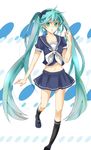  aqua_eyes aqua_hair bad_id bad_pixiv_id bow hairband hatsune_miku kneehighs legs long_hair midriff navel school_uniform skirt socks solo tenka twintails very_long_hair vocaloid 