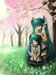  &gt;_&lt; aqua_eyes aqua_hair bad_id bad_pixiv_id blush_stickers cherry_blossoms chibi_miku closed_eyes grass hatsune_miku long_hair multiple_girls necktie occult_soda petals petting sitting skirt smile thighhighs tree twintails very_long_hair vocaloid younger 
