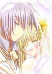  1girl air blonde_hair bride closed_eyes dress flower hane. kamio_misuzu kunisaki_yukito long_hair short_hair silver_hair sunflower tears wedding wedding_dress 