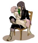  1girl black_hair blush book boots estellise_sidos_heurassein gloves green_eyes grey_footwear knee_boots long_hair pink_hair short_hair sitting sitting_on_lap sitting_on_person sonoutine tales_of_(series) tales_of_vesperia white_background yuri_lowell 