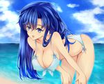  bad_id bad_pixiv_id beach bent_over bikini blue_eyes blue_hair breasts cleavage cloud covered_nipples day halterneck hands_on_own_knees hanging_breasts huge_breasts idolmaster idolmaster_(classic) kisaragi_chihaya long_hair modern_afro ocean older open_mouth outdoors side-tie_bikini sky smile solo swimsuit 