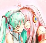  armband bad_id bad_pixiv_id blush cheek-to-cheek closed_eyes green_hair hatsune_miku headset long_hair megurine_luka multiple_girls necktie pink_hair smile twintails utaori vocaloid yuri 