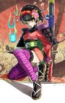  armor bad_id bad_pixiv_id black_hair brown_eyes comb flower hair_flower hair_ornament holy_pumpkin japanese_armor japanese_clothes katana kimono legs momohime obi oboro_muramasa one_knee ponytail sandals sash short_kimono shoulder_armor sode solo striped striped_legwear sword thighhighs weapon 