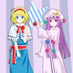 alice_margatroid blonde_hair blue_eyes bow capelet crescent dress food fruit hair_bow hairband hat highres holding holding_food holding_fruit k-on! listen!! long_hair multiple_girls parody patchouli_knowledge pinky_out purple_eyes purple_hair short_hair smile star strawberry touhou tucana 