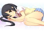  amaa_(chou_dennou_jidai) bad_id bad_pixiv_id black_hair blush brown_eyes feet_out_of_frame fetal_position k-on! long_hair lying nakano_azusa on_side open_mouth ribbon school_uniform skirt solo sweater sweater_vest twintails 