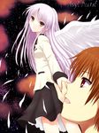  1girl angel_beats! brown_eyes holding_hands long_hair looking_back niwatori_kokezou orange_hair otonashi_(angel_beats!) purple_hair school_uniform short_hair tenshi_(angel_beats!) wings yellow_eyes 