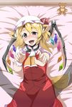  animal_ears bed blonde_hair blush collar dog_ears dog_tail fang fingernails flandre_scarlet hat highres kemonomimi_mode long_fingernails long_hair lying on_back oriennto red_eyes saliva shadow short_hair solo stuffed_animal stuffed_toy tail teddy_bear touhou wings 