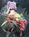  animal_ears axe blonde_hair blue_eyes blush bodypaint copyright_request dog_ears fang hair_ornament hatchet iwaya jewelry multiple_girls navel necklace open_mouth pixiv_frontier purple_hair sword twintails weapon western_hatchet 