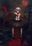  :p alternate_costume bare_shoulders bat blue_hair charimei cross dress fingerless_gloves full_moon gloves hat hat_ribbon moon night polearm red_eyes red_moon remilia_scarlet ribbon short_hair solo spear spear_the_gungnir standing tongue tongue_out touhou vampire weapon 