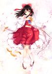  bad_id bad_pixiv_id black_hair bow detached_sleeves glaring gohei hair_bow hakurei_reimu highres holding looking_at_viewer mafuyu midriff navel ofuda oonusa petals pink_eyes sandals short_hair solo tabi touhou wind 