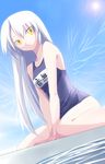  angel_beats! between_thighs day dutch_angle highres kyougoku_touya long_hair one-piece_swimsuit outdoors pool poolside school_swimsuit sitting solo sun swimsuit tenshi_(angel_beats!) v_arms wariza white_hair wings yellow_eyes 