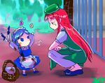  angry apron bad_id bad_pixiv_id basket blue_eyes blue_hair chianti child fume gate green_hat hat hong_meiling izayoi_sakuya knife long_hair maid_headdress multiple_girls red_hair touhou younger 