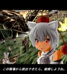  aircraft animal_ears ch-47_chinook death_flag detached_sleeves fang hat helicopter highres inubashiri_momiji letterboxed multiple_girls red_eyes short_hair silver_hair tail tokin_hat touhou translated u.s.m.c wolf_ears wolf_tail 