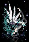  absurdres aqua_eyes aqua_hair bad_id bad_pixiv_id barefoot belt bridal_gauntlets detached_sleeves dual_persona elbow_gloves fingerless_gloves gloves hatsune_miku hatsune_miku_(append) hibiki_mikuri highres long_hair mechanical_wings necktie reflection thighhighs toeless_legwear twintails very_long_hair vocaloid vocaloid_append wings zettai_ryouiki 