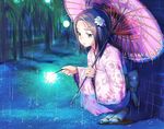  brown_eyes brown_hair fireworks flower hair_flower hair_ornament hairclip japanese_clothes kimono obi oriental_umbrella original osamu rain sandals sash senkou_hanabi socks solo sparkler squatting umbrella 