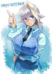  blonde_hair blue_eyes breasts copyright_request glasses happy_birthday iwaya large_breasts multicolored_hair necktie pixiv_mahou_gakuen silver_hair solo 