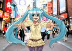  aqua_eyes aqua_hair belt casual city fashion hair_ribbon hatsune_miku hirabaru_kenji long_hair photo_background ribbon shadow solo twintails very_long_hair vocaloid 