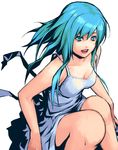  aqua_eyes aqua_hair breasts cleavage copyright_request dress knees long_hair medium_breasts open_mouth simple_background sitting solo yuuji_(and) 