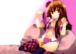  alternate_hairstyle bra breasts brown_eyes brown_hair cellphone checkered checkered_skirt hair_down himekaidou_hatate lingerie long_hair medium_breasts necktie open_clothes panties phone purple_eyes sawamura_hikaru skirt solo thighhighs touhou underwear 