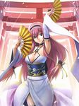  arm_up blue_eyes breasts choker cleavage detached_sleeves dress dual_wielding fan folding_fan holding japanese_clothes kurojishi large_breasts long_hair multiple_torii obi original petals pink_hair purple_hair sash solo torii wide_sleeves 