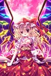  blonde_hair earrings flandre_scarlet foreshortening full_moon hat highres jewelry momomiya_mion moon outstretched_hand ponytail raised_eyebrow red_eyes short_hair side_ponytail slit_pupils solo touhou uneven_eyes wings 