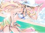  bikini blonde_hair blue_eyes cloud earrings gradient_sarong hat jewelry kurosawa_tomo long_hair macross macross_frontier multicolored multicolored_sarong one_eye_closed print_sarong sarong sheryl_nome single_earring solo sun_hat swimsuit water white_bikini 