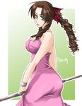  aerith_gainsborough aqua_eyes ass bow breasts brown_hair character_name cleavage dress drill_hair eyeshadow final_fantasy final_fantasy_vii hair_bow koga_nao long_dress long_hair looking_back makeup mascara medium_breasts pink_dress solo staff weapon wristband 