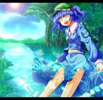 :d ^_^ closed_eyes hair_bobbles hair_ornament kawashiro_nitori lens_flare letterboxed nature navel open_mouth qontamblue skirt_hold smile solo touhou tree two_side_up water 
