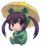  animal_costume black_hair brown_eyes chibi frog_costume k-on! landolt_tamaki long_hair nakano_azusa solo twintails umbrella 