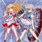  apron blonde_hair braid clock high_heels izayoi_sakuya knife lowres maid maid_headdress multiple_girls nanashii_(soregasisan) puffy_sleeves shoes silver_hair sword touhou touhou_(pc-98) waist_apron weapon yumeko 