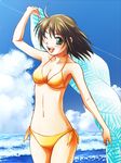  beach bikini brown_eyes copyright_request day green_eyes iwahata_takiyo shawl short_hair side_ponytail solo swimsuit 